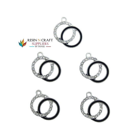 5Pcs Interlinked Round Charm Bezels With Black Enamel. (RBZ291) (SILVER)