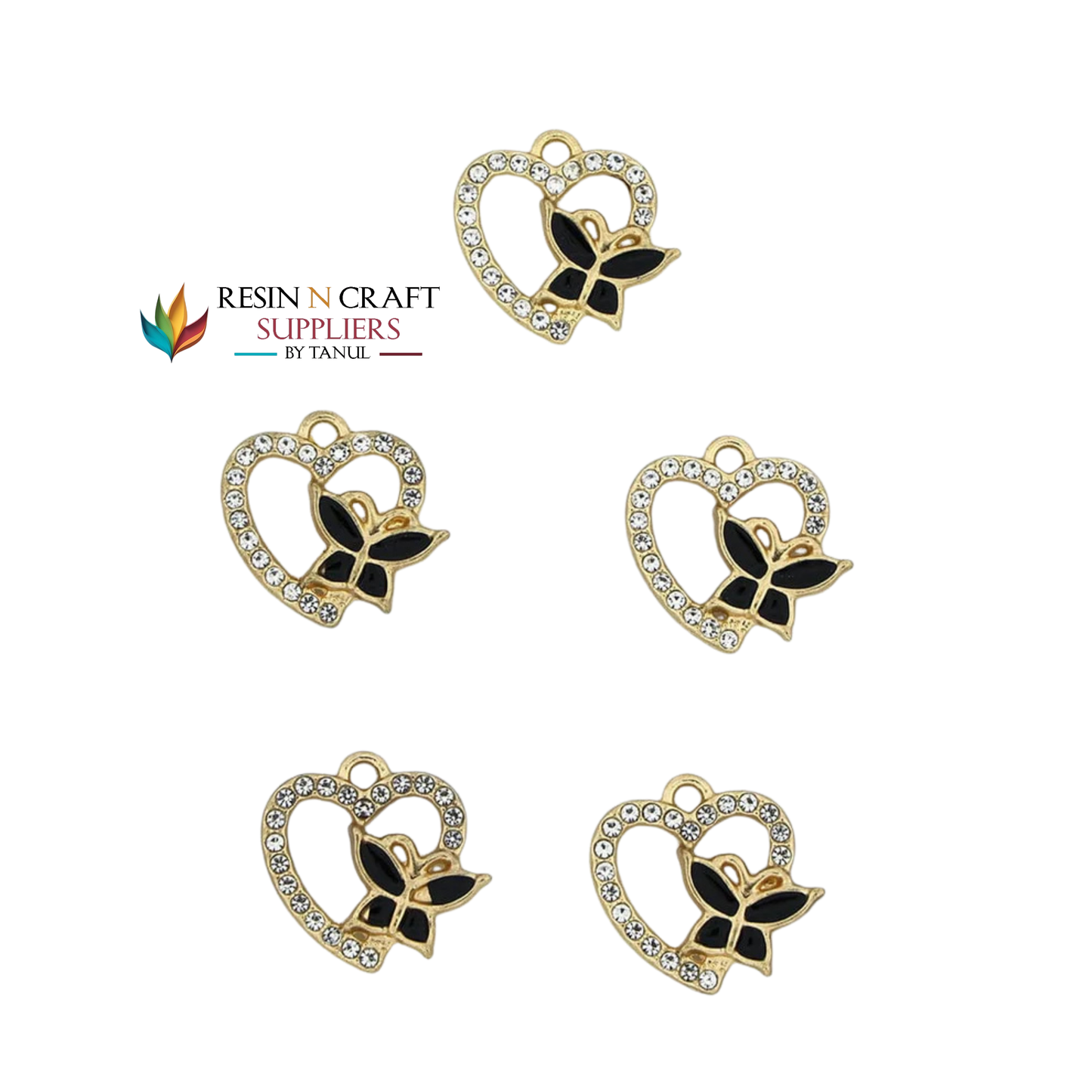 5Pcs Heart With Butterfly Charm Bezels With Black Enamel.(RBZ287) (GOLD)