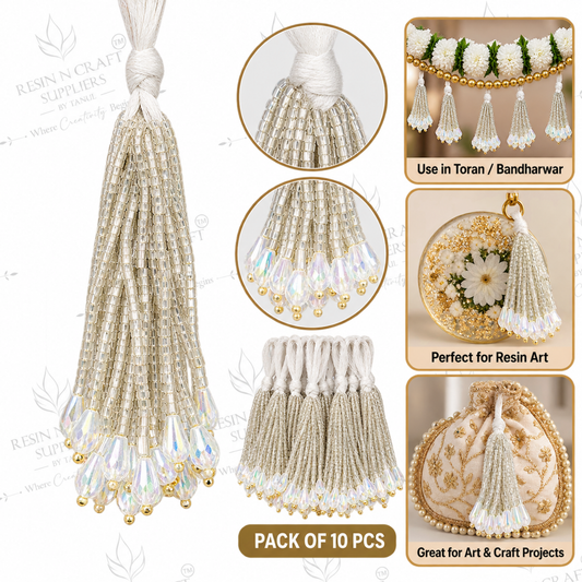 Silver Pearl Beaded Latkan – Pack of 10 | Silver Beads Tassel for Toran, Resin Art & DIY Craft