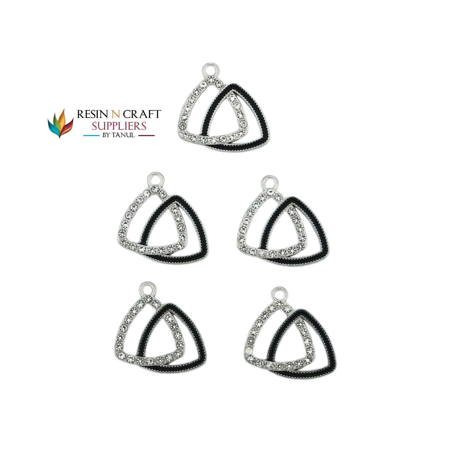5Pcs Interlinked Triangle Charm Bezels With Black Enamel. (RBZ297) (SILVER)