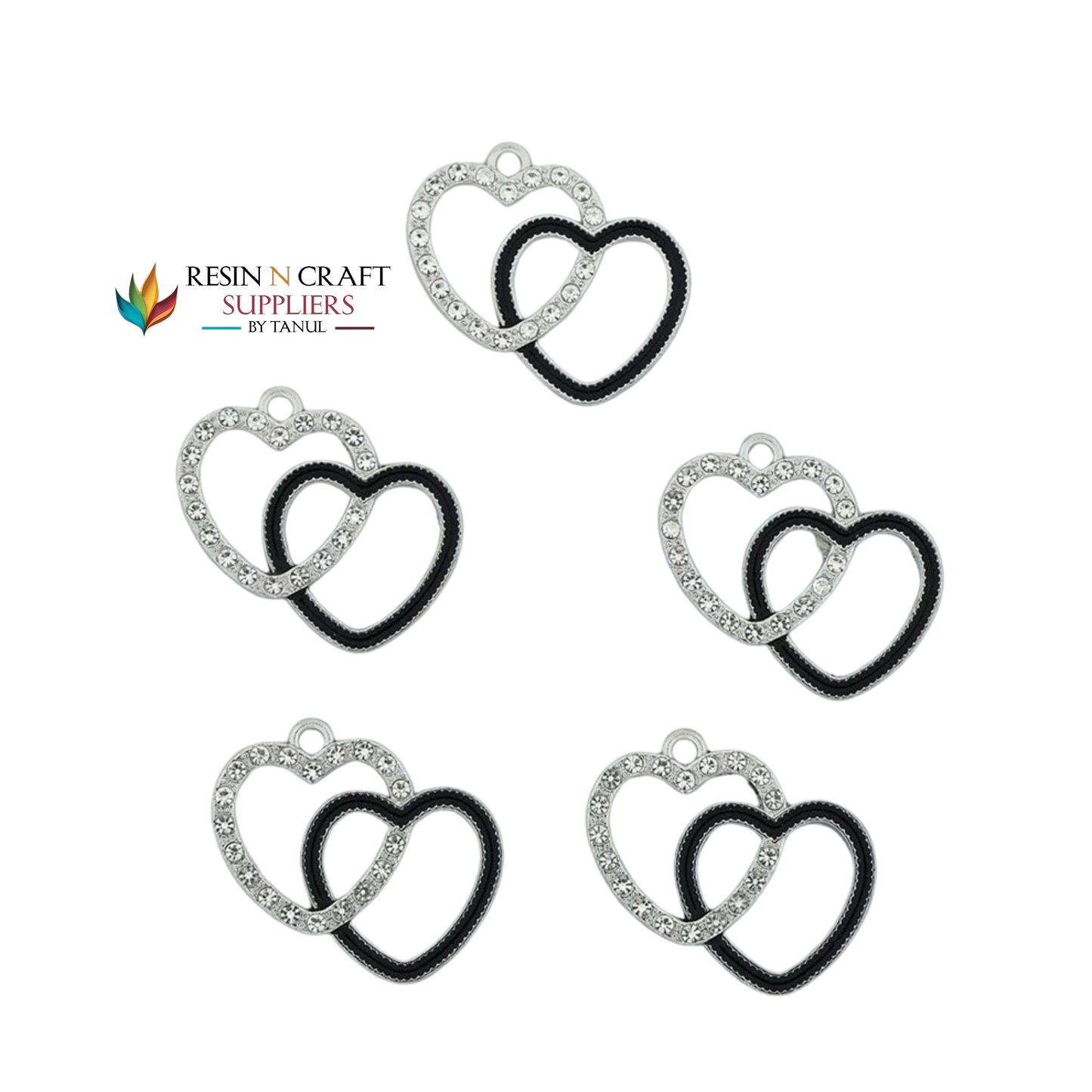 5Pcs Interlinked Heart Charm Bezels With Black Enamel.(RBZ300) (SILVER)