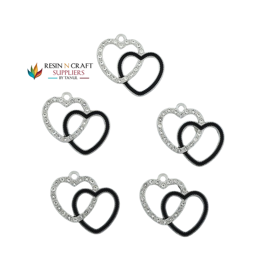 5Pcs Interlinked Heart Charm Bezels With Black Enamel.(RBZ300) (SILVER)