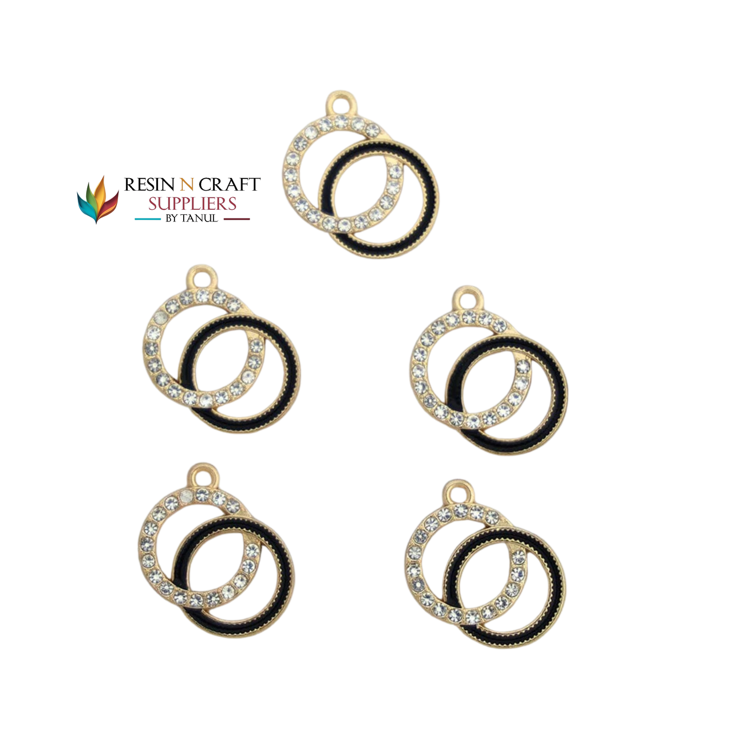 5Pcs Interlinked Round Charm Bezels With Black Enamel.(RBZ290) (GOLD)