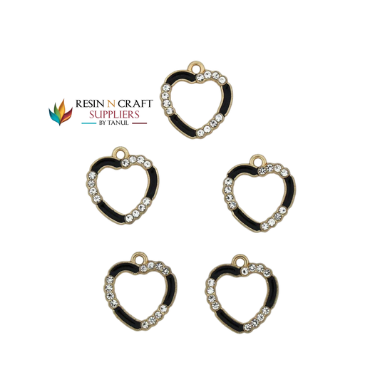 5Pcs Heart Shape Charm Bezels With Black Enamel.(RBZ293) (GOLD)