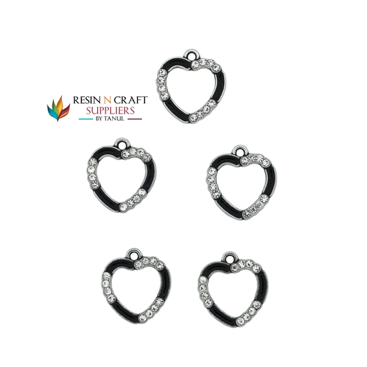 5Pcs Heart Shape Charm Bezels With Black Enamel.(RBZ294) (SILVER)