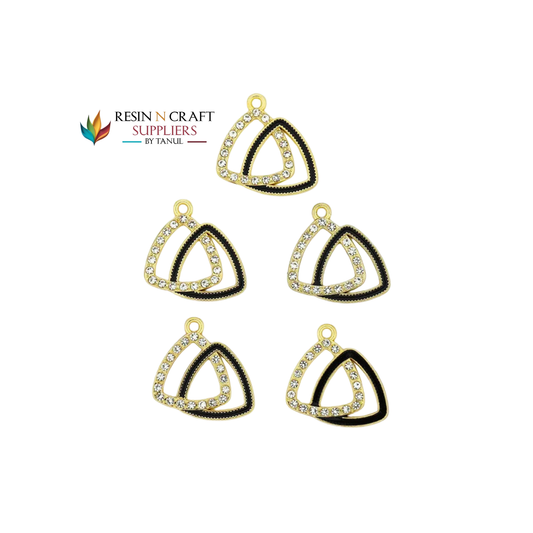 5Pcs Interlinked Triangle Charm Bezels With Black Enamel. (RBZ296) (GOLD)