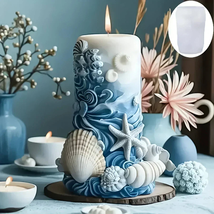Ocean Wave & Starfish Cylindrical Candle Handmade Mould (RHM0200M)