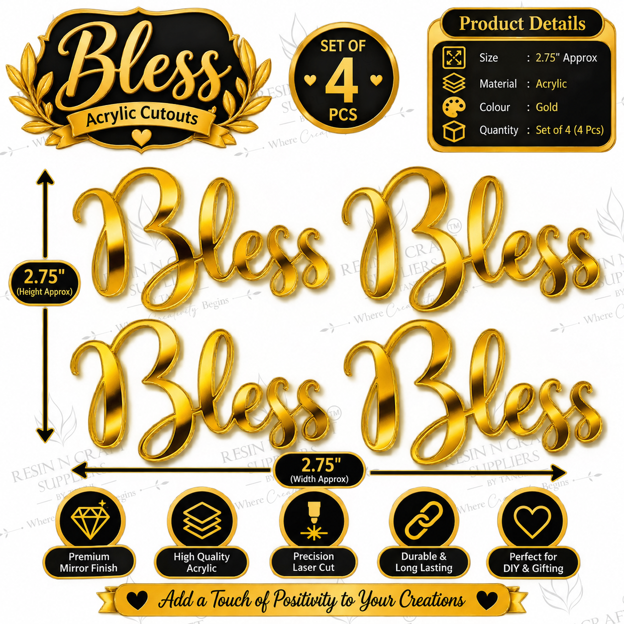 Bless Gold Mirror Acrylic Cutouts – Set of 4 (Size: 2.75" × 2.75" Approx.)