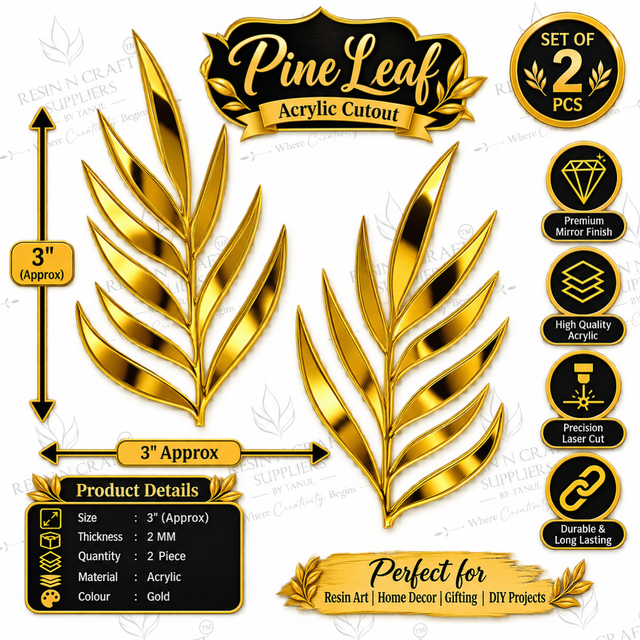 Premium Gold Pine Leaf Acrylic Cutouts – Set of 2