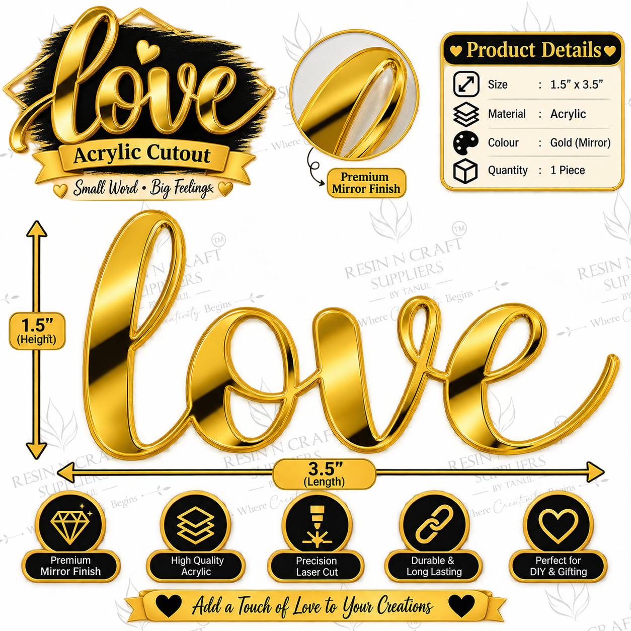 Premium Love Gold Acrylic Cutout – Mirror Finish (Size: 1.5" × 3.5" Approx.)