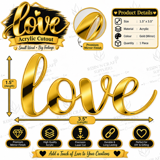 Premium Love Gold Acrylic Cutout – Mirror Finish (Size: 1.5" × 3.5" Approx.)