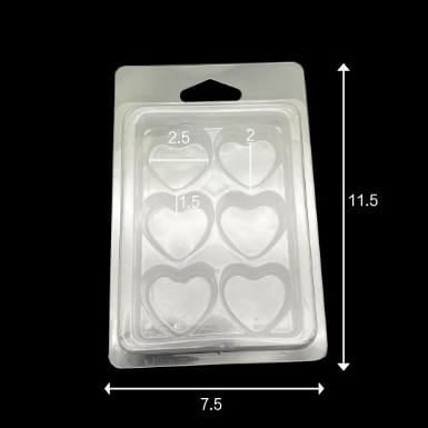 Heart Wax Melt Clamshell Packaging | Clear Blister Mould for Wax Melts | 6 Cavity Heart Shape Transparent PET Clamshell | 10 Pieces Pack